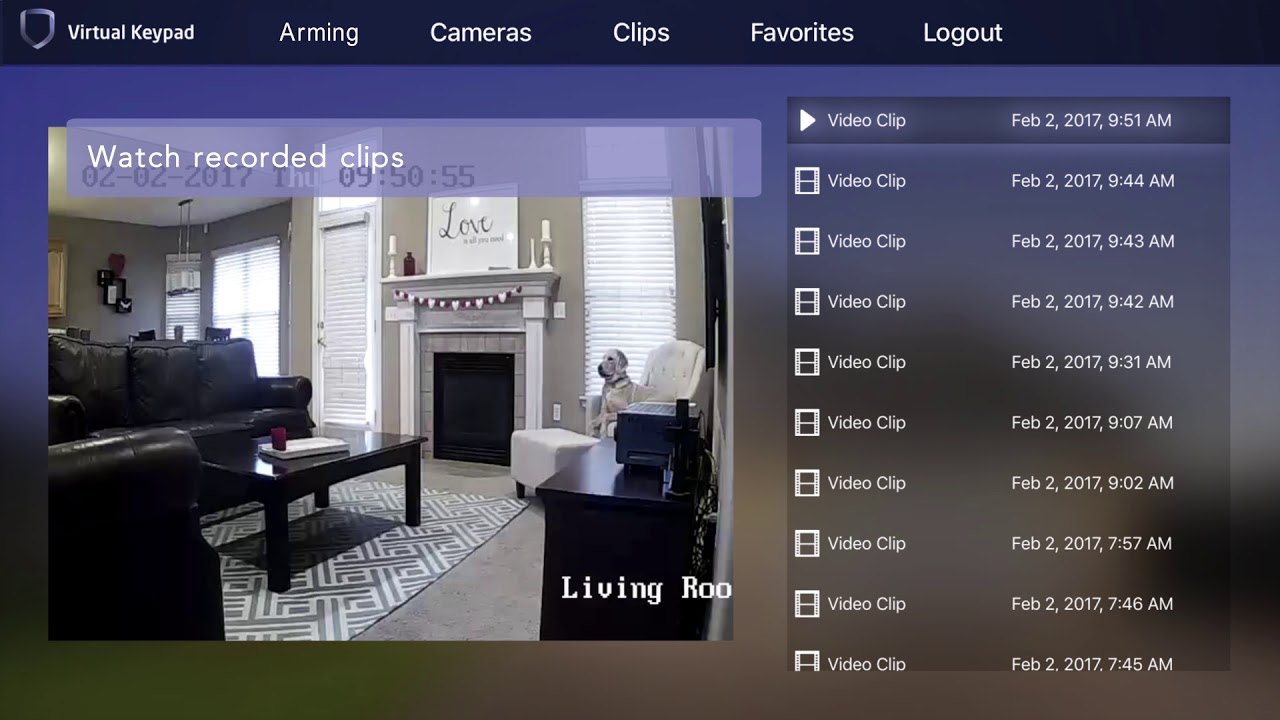 Sync the Virtual Keypad to your Apple TV to view video clips from your security cameras.